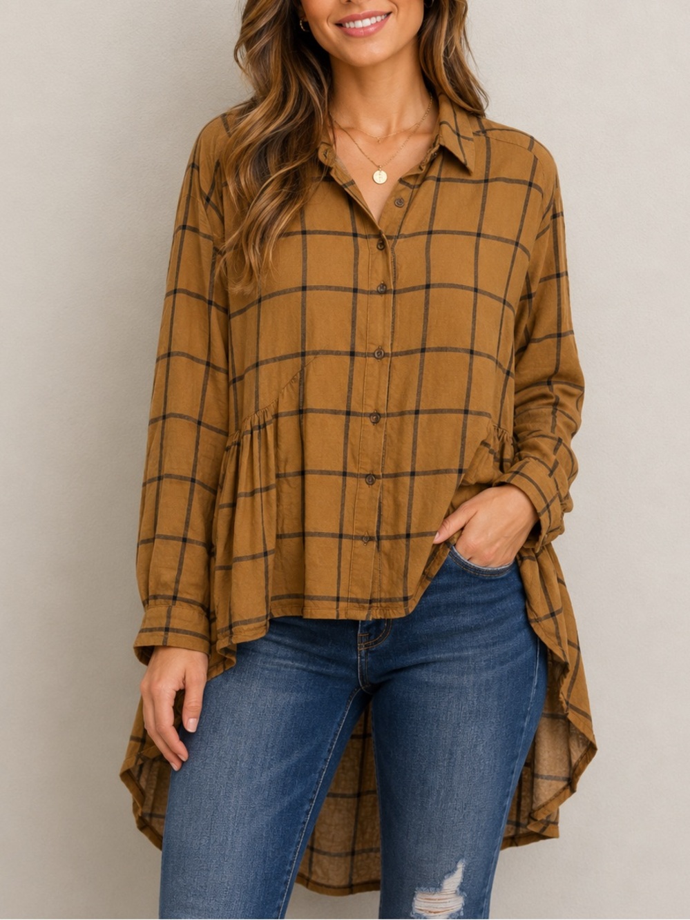 Suzy Shier Plaid Button Front High Low Rayon Blouse Shirt Size Small